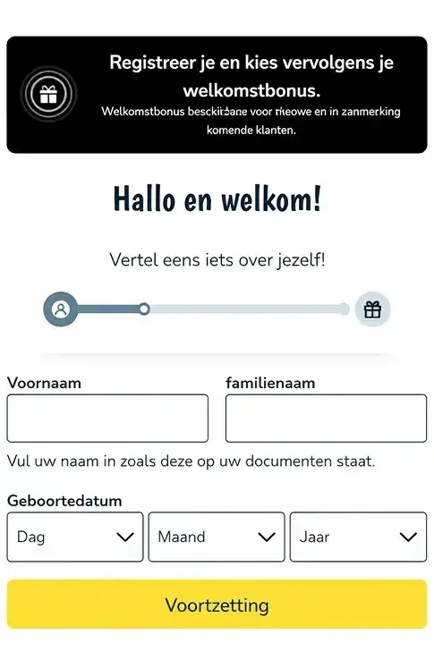 Registratieformulier van Vlad Cazino met invoervelden voor naam en geboortedatum